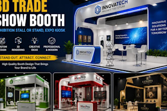 design 3d trade show booth, exhibition stall or stand, expo kiosk