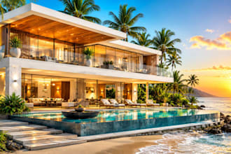 design a 3d beach house coastal villa and beachfront resort with photorealistic
