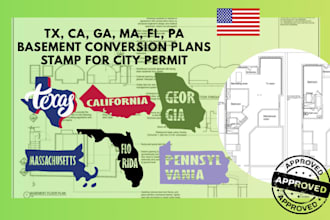 tx, ca, ga, ma, fl, pa basement conversion plans stamp for city permit