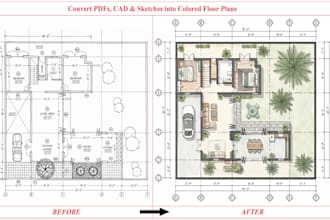 redraw PDF, sketch or cad into professional 2d colored floor plan