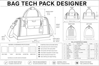 luxury handbag tech pack design for purse leather bag and factory specs details