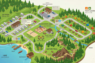 design resort map, campground map, rv park map and illustrated tourist map