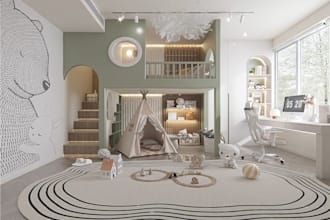create photorealistic cgi 3d kids room, nursery and playroom interior designs