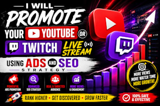 promote your youtube or twitch live stream with real viewers, ads and SEO