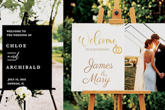 design luxury wedding welcome sign, seating chart and event signage