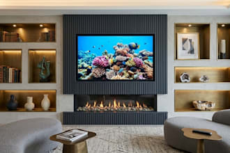 create 3d TV media wall, slate wood TV wall, led lighting, fireplace rendering