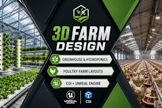 design 3d greenhouse farms, hydroponic systems, agricultural layout