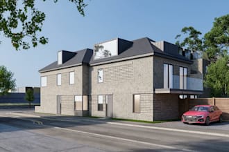 photorealistic 3d exterior rendering,cgi residential,modern brick facade design