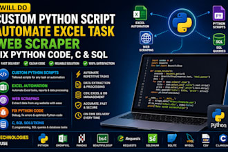 do custom python script, automate excel task, web scraper, fix python code c sql