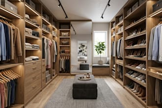 design 3d walk in closet dressing room wardrobe cabinet layout in 3d rendering