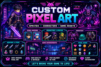 design custom pixel art sprites, characters, and game assets