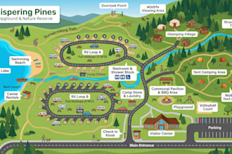 create outdoor retreat map, campground layout, tourism map, visitor master plan