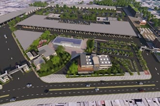 render 3d bus terminal depot,ev charging station,carport layout,landscape design