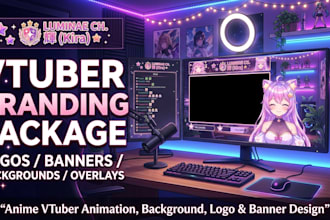 create anime vtuber animation, vtuber illustration, background, logo and banner
