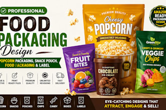 design professional popcorn packaging, snack pouch, food packaging and label
