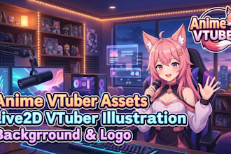 design , anime vtuber assets, live2d vtuber illustration vtuber background, logo