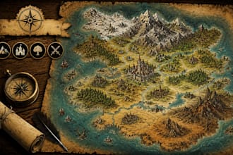 create hand drawn fantasy kingdom map, continent map, dnd world map