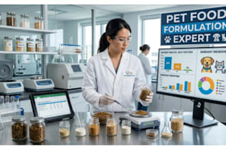 develop a professional pet food or treat formulation  with ingredient sourcing