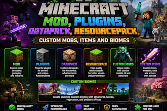 do minecraft mod, plugins, datapack, resource pack, custom mobs, items, biomes