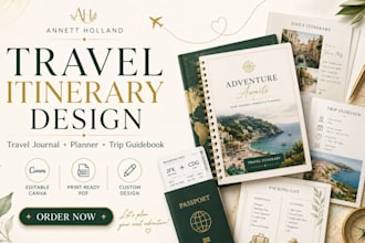 design travel itinerary, travel journal, planner, and trip guidebook