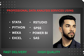 data analysis using spss, rstudio, python, stata, weka, excel, power bi and sas