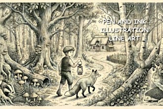 draw vintage pen and ink line art illustration for kid books and stories