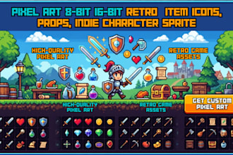 design 8bit 16bit pixel art indie game asset sprites icon and character props