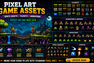 create pixel art game assets sprite sheets tilesets  animations for indie game