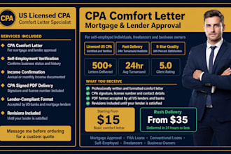 write US CPA comfort letter, mortgage letter and income verification