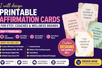 design custom printable affirmation cards for etsy, motivational cards, cards