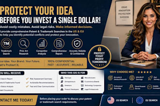 conduct a detailed patent search and trademark for industries in US and eu