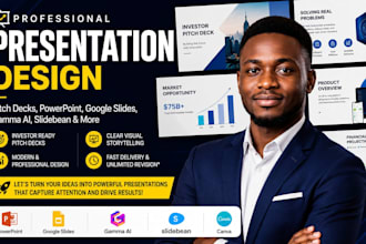 design professional pitch deck, powerpoint, google slides, gamma ai, slidebean