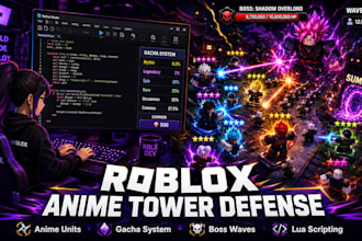 create a roblox anime tower defense game with units, gacha and lua scripting