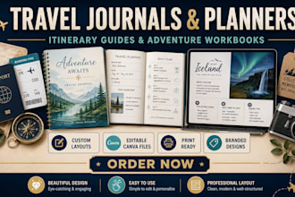 design travel journals, planners, itinerary guides, and adventures workbooks