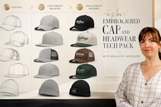create a custom embroidered cap and headwear tech pack with realistic mockups