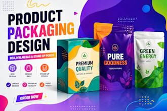 do product packaging, box design label, mylar bag and stand up pouch