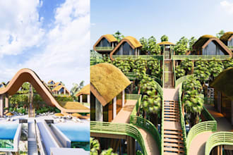do 2d architecture floorplan, 3d bali villas, 3d   tropical resort, bamboo villa