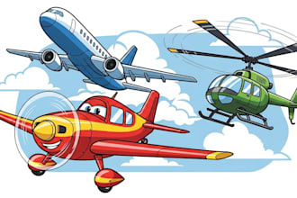 draw aircraft, airplane, helicopter into a vector cartoon
