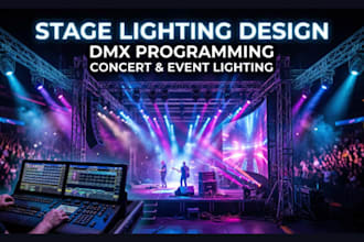 create 3d event stage design, stage lighting design and program dmx lighting
