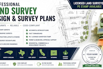 design land survey plan, ga nc tx nj ca wy ontario, land surveyor stamp pe