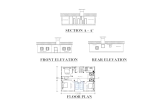 draw complete house plan with 4 elevation and 2 sections