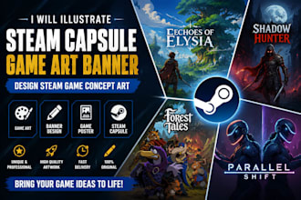 illustrate steam capsule game art banner, design steam game concept art