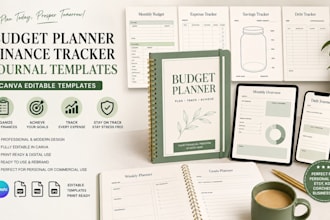 create budget planner, finance tracker, journal templates, canva editable design
