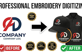 do professional embroidery digitizing into dst, pes, emb, jef files in 1 hour