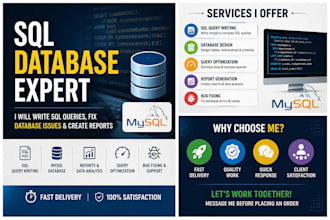 write sql queries, fix database issues, and create reports