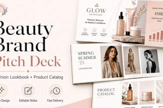 design beauty brand pitch deck, fashion lookbook and product catalog powerpoint