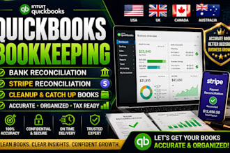 do quickbooks bookkeeping, bank reconciliation, cleanup, stripe, catch up books