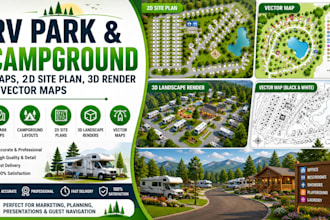 draw rv park and campground map,2d site plan,3d landscape render and vector maps