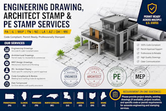 engineering drawing, architect stamp, pa, il, mep, tn, nc, la, az, oh pe stamp
