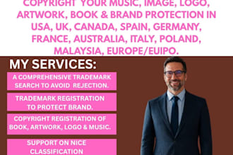 file trademark registration copyright filing of music logo art book in US europe